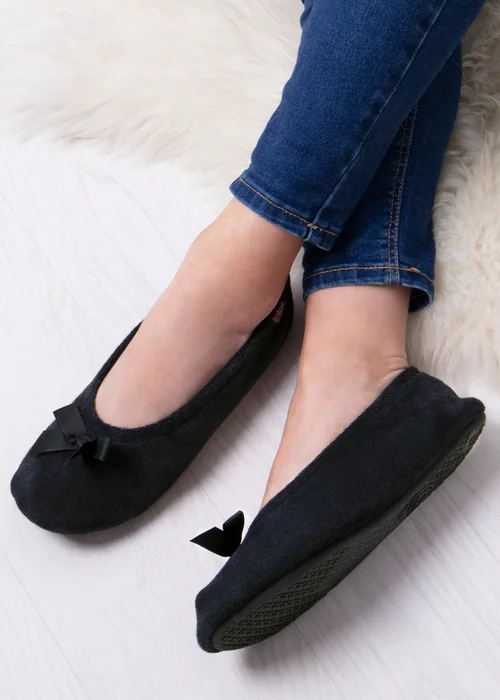 Totes Isotoner Black Terry Ballerina Slippers - 4-5 Image 2