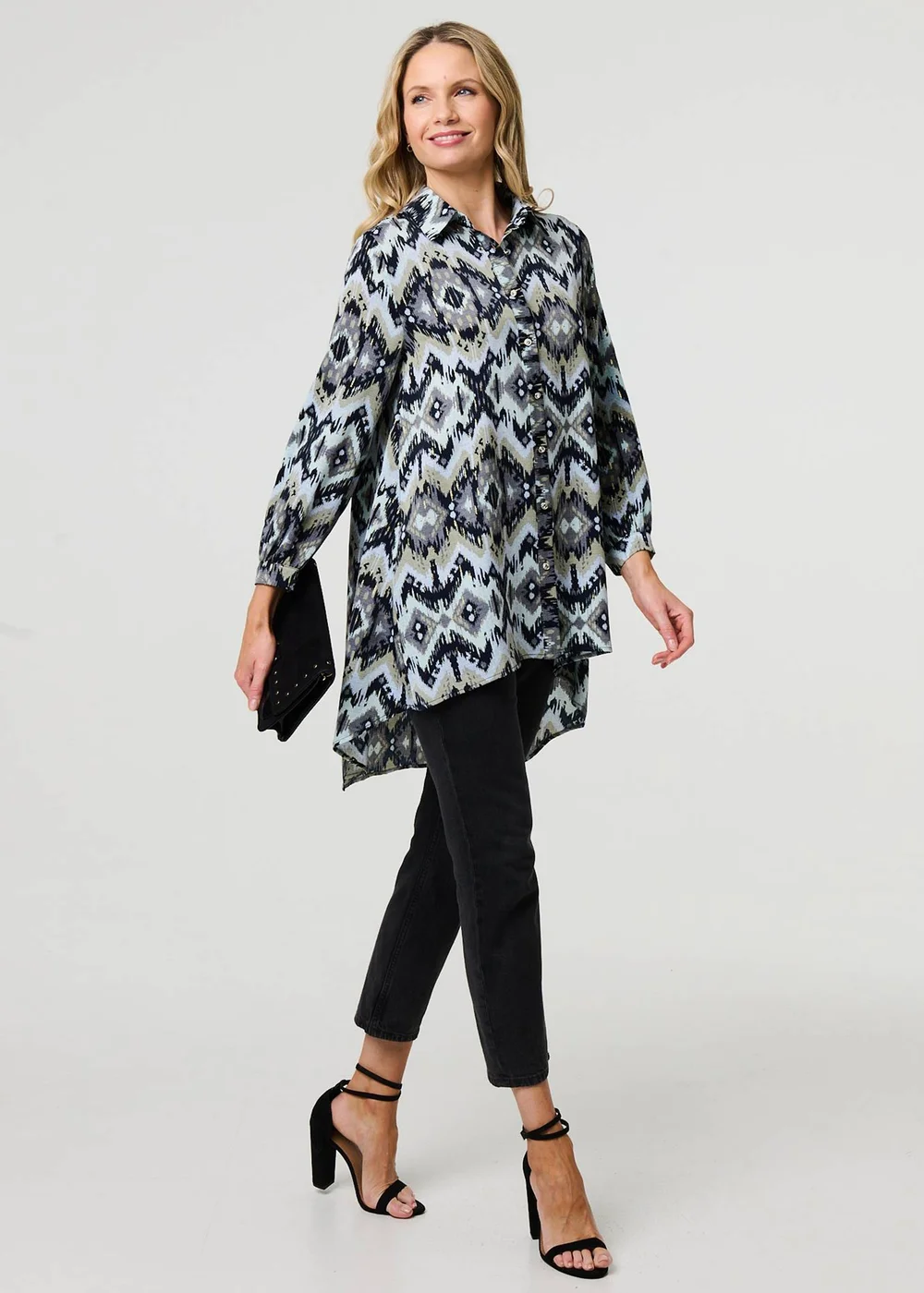 Izabel London Black Aztec Print High Low Long Sleeve Shirt - 8 Image 4