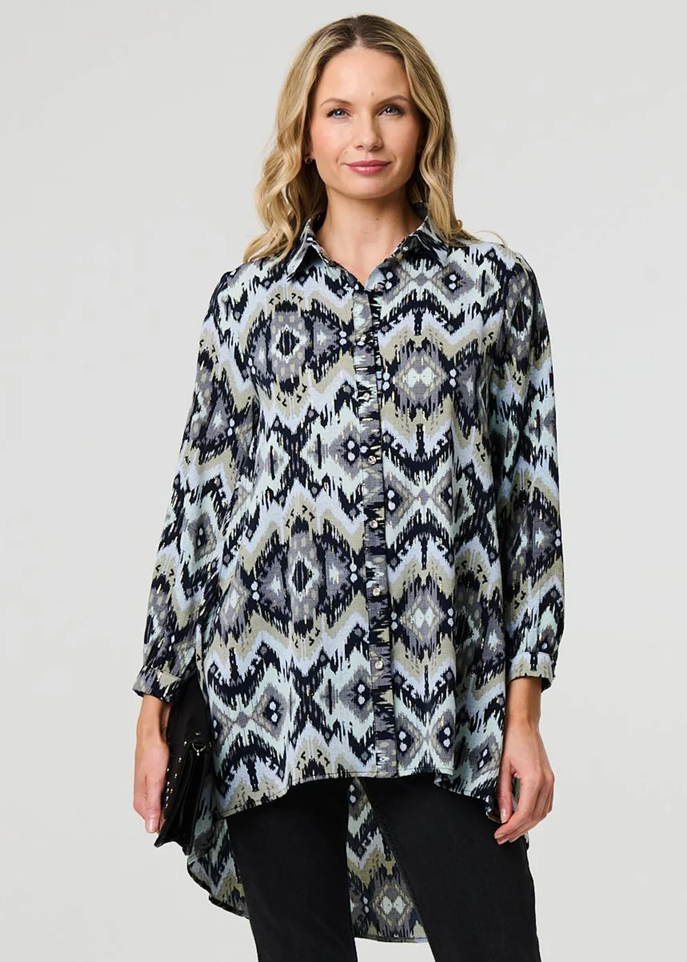 Izabel London Black Aztec Print High Low Long Sleeve Shirt - 8 Image 1