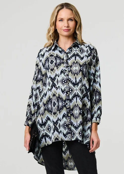 Izabel London Black Aztec Print High Low Long Sleeve Shirt - 8 Image 1
