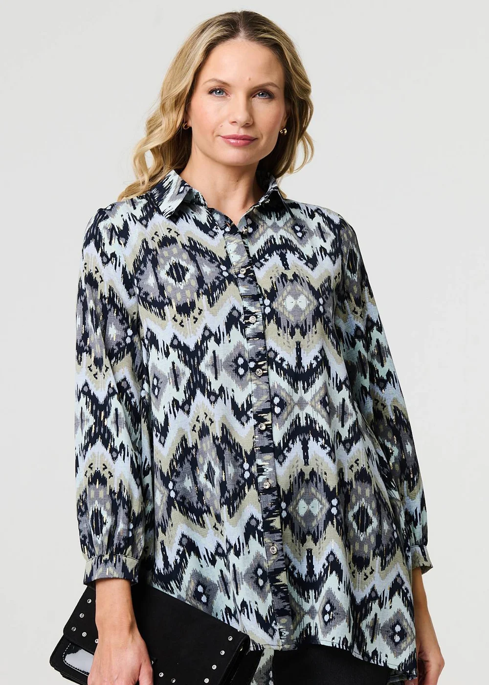 Izabel London Black Aztec Print High Low Long Sleeve Shirt - 8 Image 3