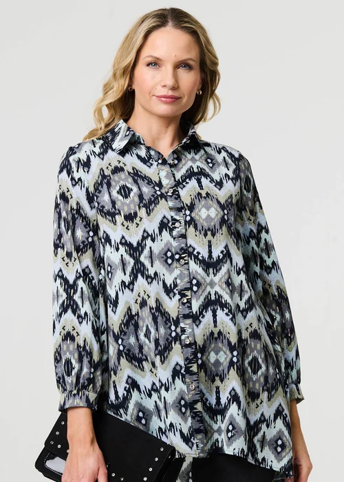 Izabel London Black Aztec Print High Low Long Sleeve Shirt - 8 Image 3