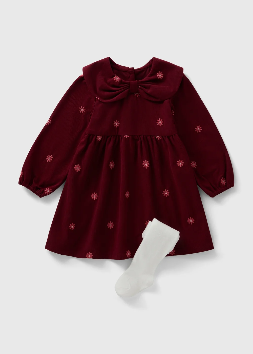 Girls Burgundy Flower Embroidered Cord Dress & Tights Set (1-7yrs) - 1 to 1 half years | Matalan Girls Burgundy Flower Embroidered Cord Dress & Tights Set (1-7yrs) - 1 to 1 half years | Matalan