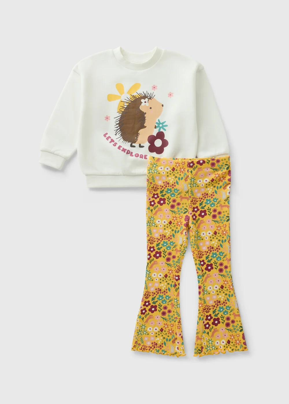 Girls Yellow Hedgehog Print Sweatshirt & Flare Trousers Set (1-7yrs) - 1-1.5 Yrs Image 1