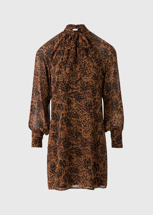 Brown Animal Print Tie Neck Mini Dress - 8 Image 4
