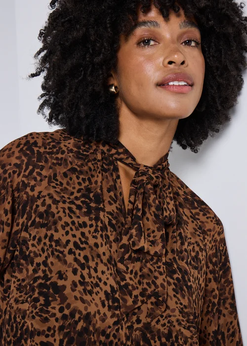 Brown Animal Print Tie Neck Mini Dress - 8 Image 2