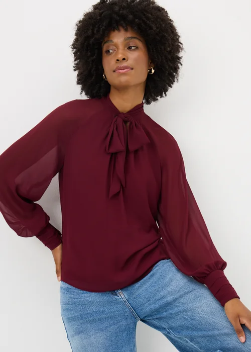 Burgundy Tie Neck Boho Blouse - 8 Image 2