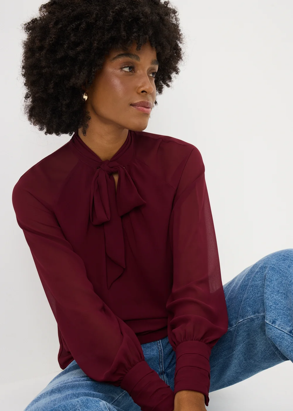 Burgundy Tie Neck Boho Blouse - 8 Image 1