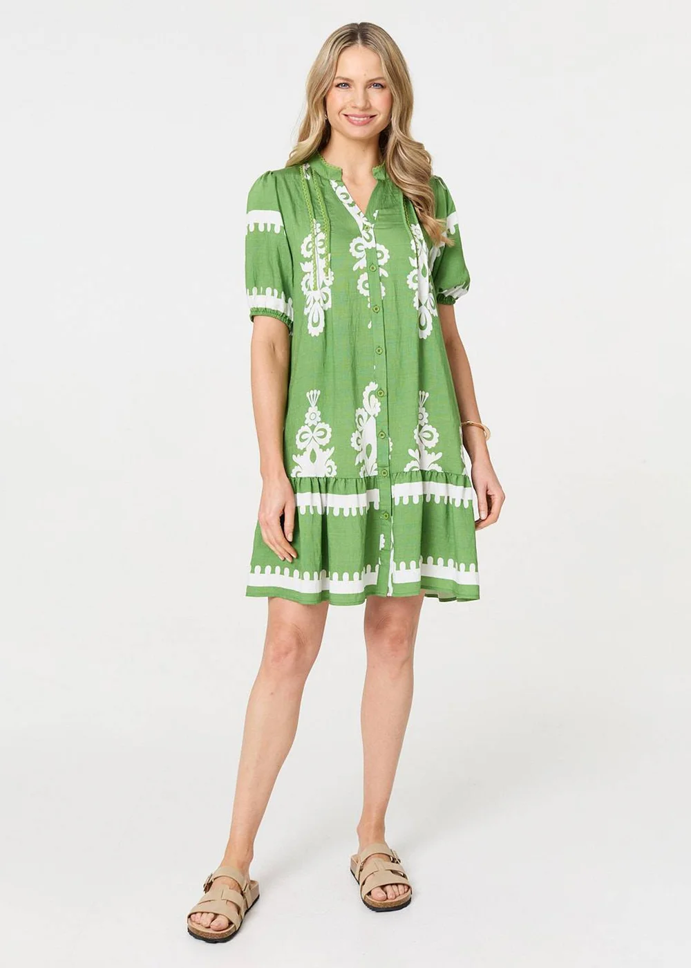 Izabel London Green Printed Lace Trim Relaxed Short Shirt Dress - 18 Image 4