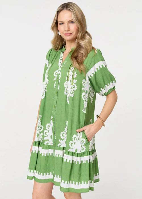 Izabel London Green Printed Lace Trim Relaxed Short Shirt Dress - 18 Image 1