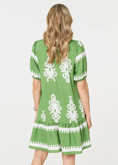 Izabel London Green Printed Lace Trim Relaxed Short Shirt Dress - 18 Image 3
