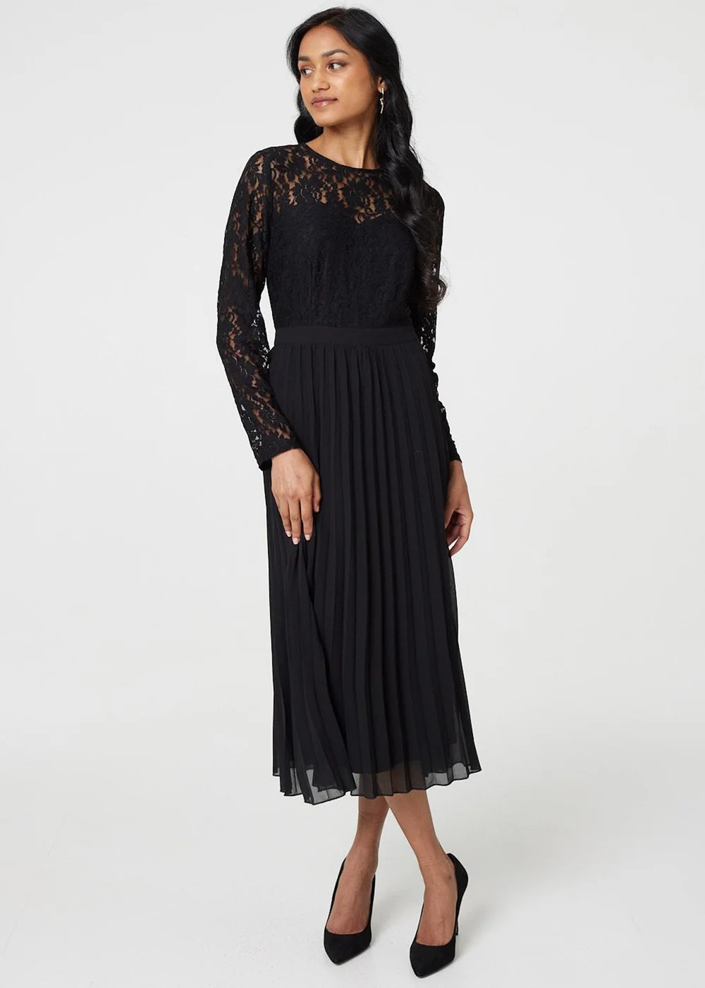 Izabel London Black Lace Trim Pleated Long Sleeve Midi Dress - 12 | Matalan Izabel London Black Lace Trim Pleated Long Sleeve Midi Dress - 12 | Matalan