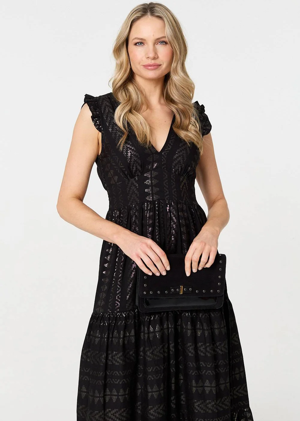 Izabel London Black Metallic Detail Frill Cap Sleeve Maxi Dress - 8 Image 3