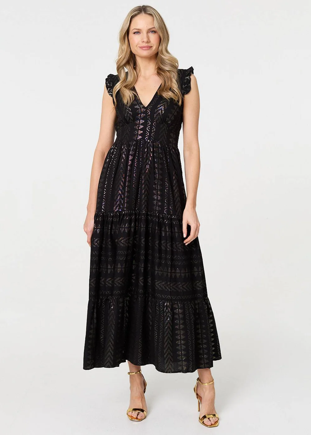 Izabel London Black Metallic Detail Frill Cap Sleeve Maxi Dress - 8 Image 1