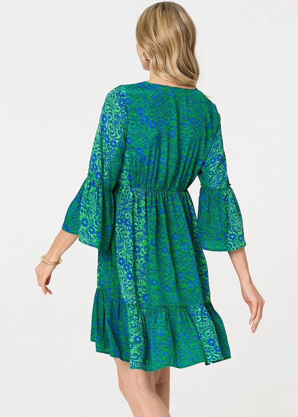 Izabel London Green Paisley Tassel V-Neck Knee Length Dress - 8 Image 2