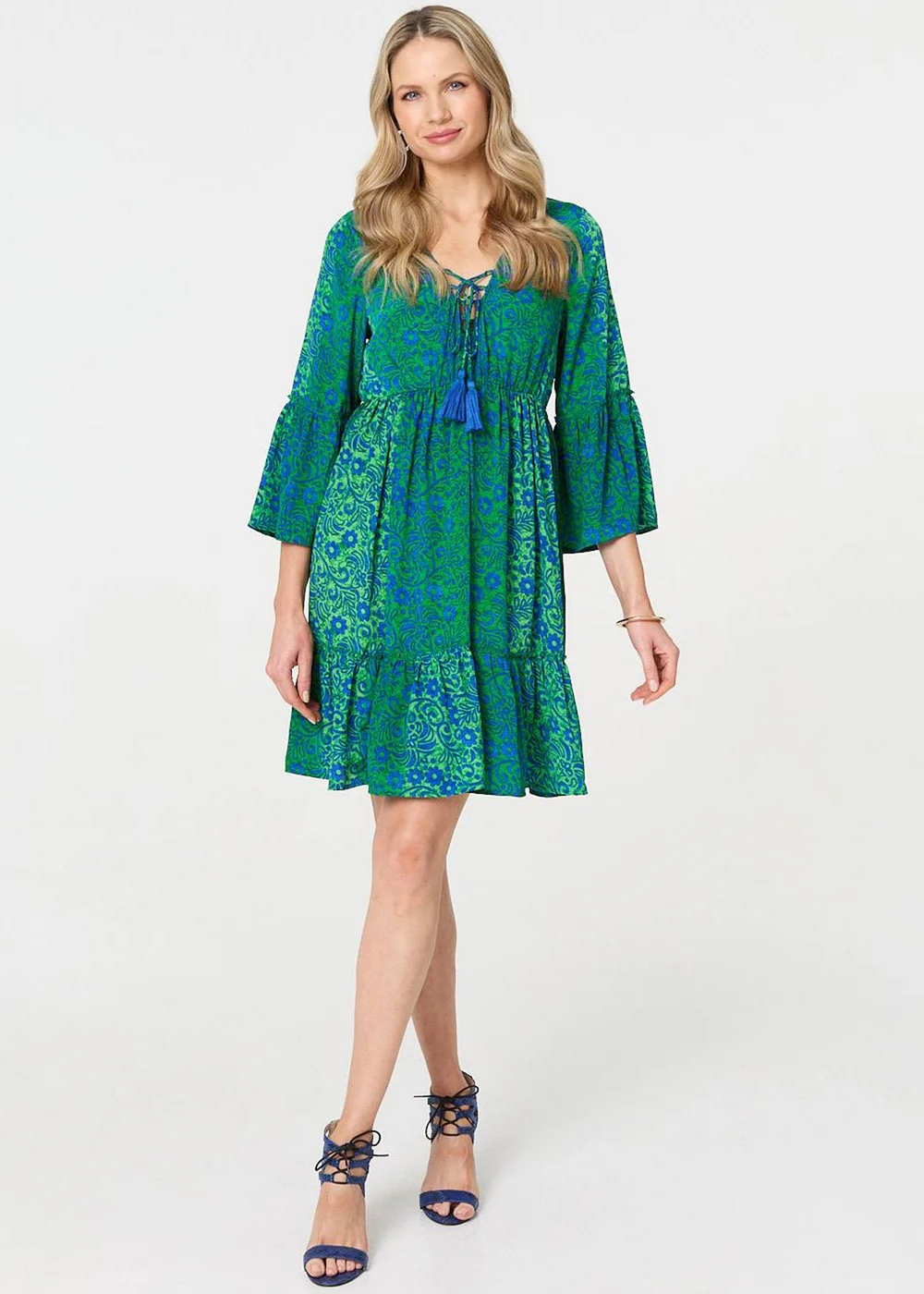 Izabel London Green Paisley Tassel V-Neck Knee Length Dress - 8 Image 4