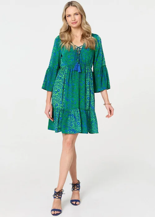 Izabel London Green Paisley Tassel V-Neck Knee Length Dress - 8 Image 4