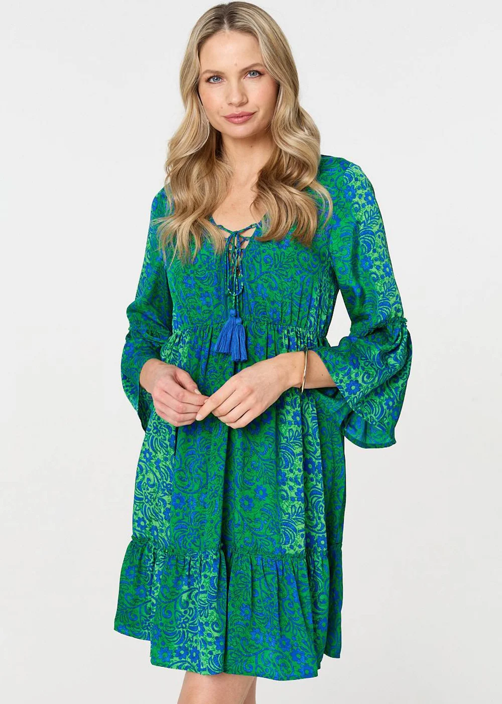 Izabel London Green Paisley Tassel V-Neck Knee Length Dress - 8 Image 1