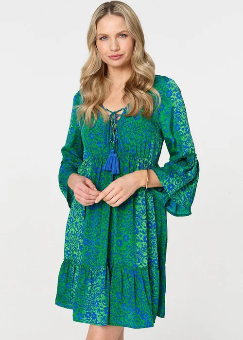 Izabel London Green Paisley Tassel V-Neck Knee Length Dress - 8 Image 1