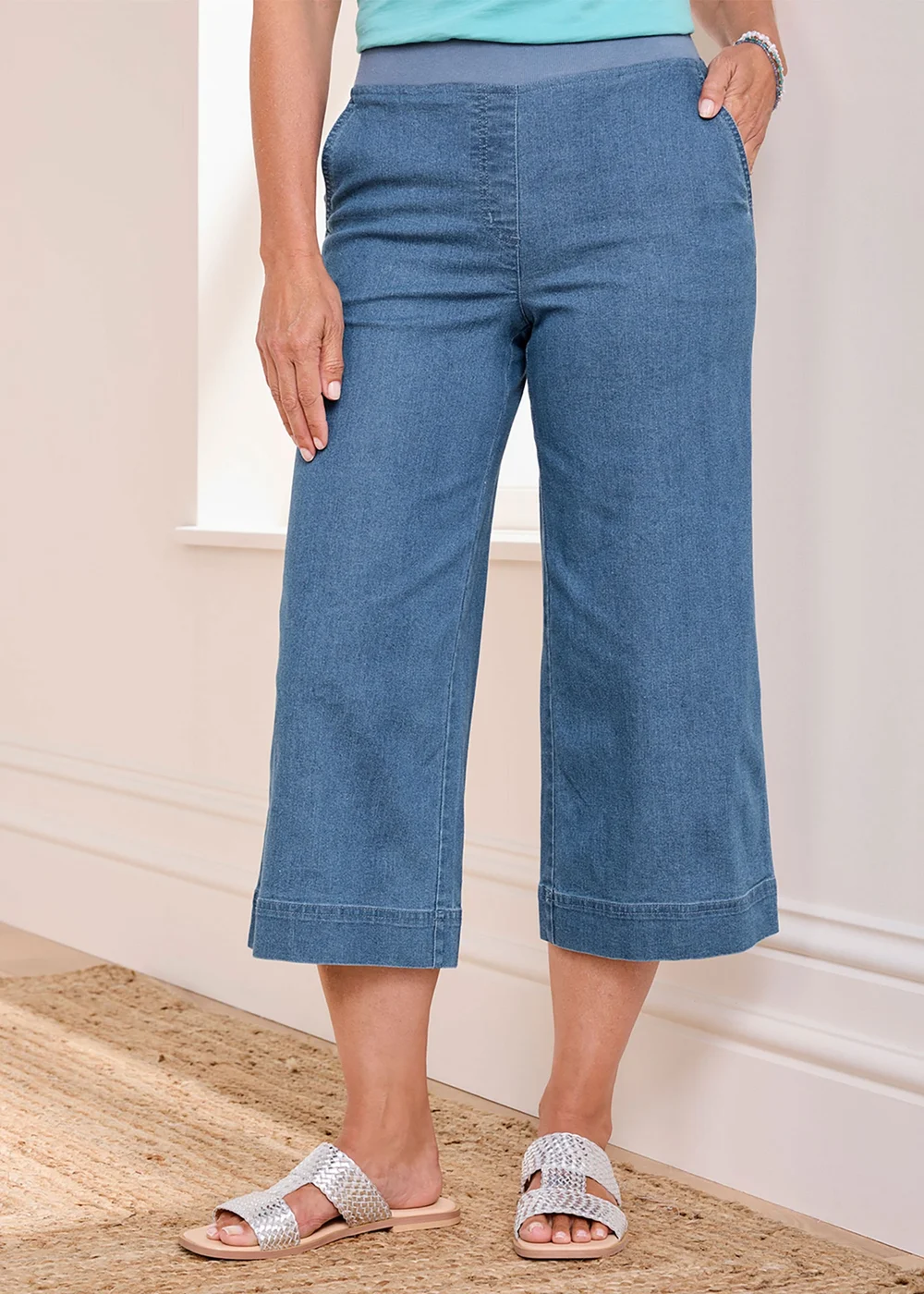 Cotton Traders Pale Blue Wide Leg Crop Pull On Jeans - 22 Image 1