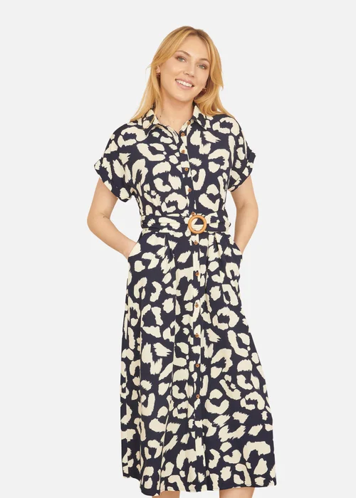 Yumi Navy Abstract Animal Print Relaxed Midi Shirt Dress With Belt - 16 Image 1