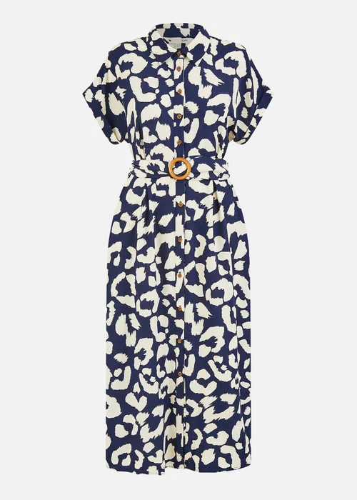 Yumi Navy Abstract Animal Print Relaxed Midi Shirt Dress With Belt - 16 Image 2