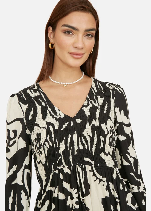 Yumi Black Abstract Print Ruched Midi Dress With Long Sleeves - 18 Image 3