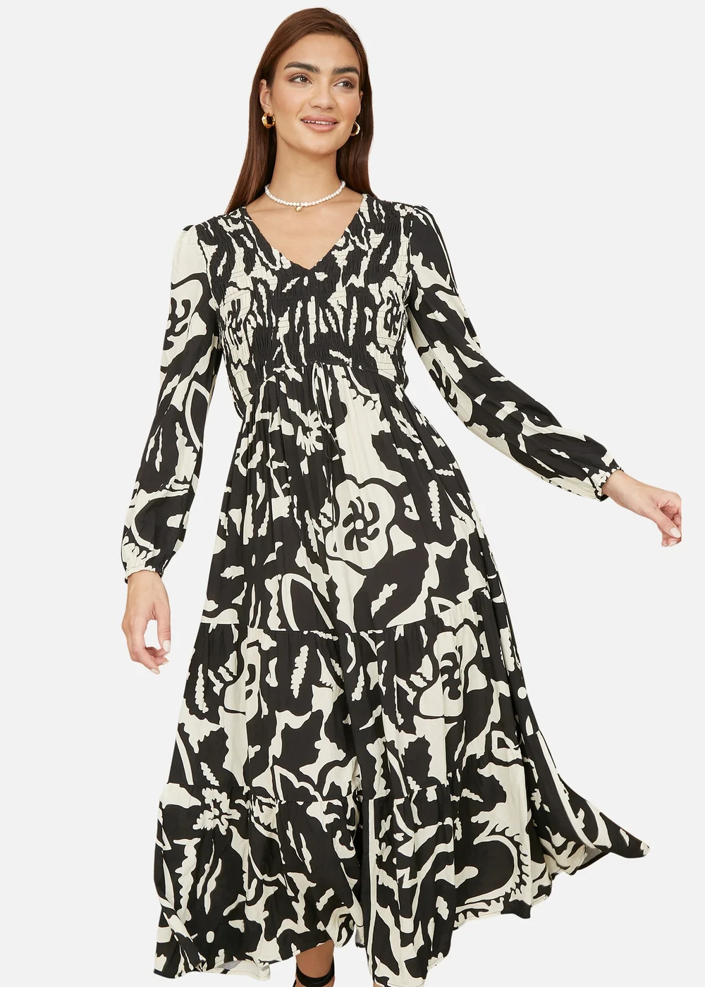 Yumi Black Abstract Print Ruched Midi Dress With Long Sleeves - 18 Image 2