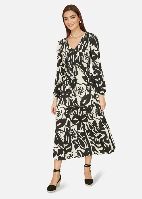 Yumi Black Abstract Print Ruched Midi Dress With Long Sleeves - 18 Image 1