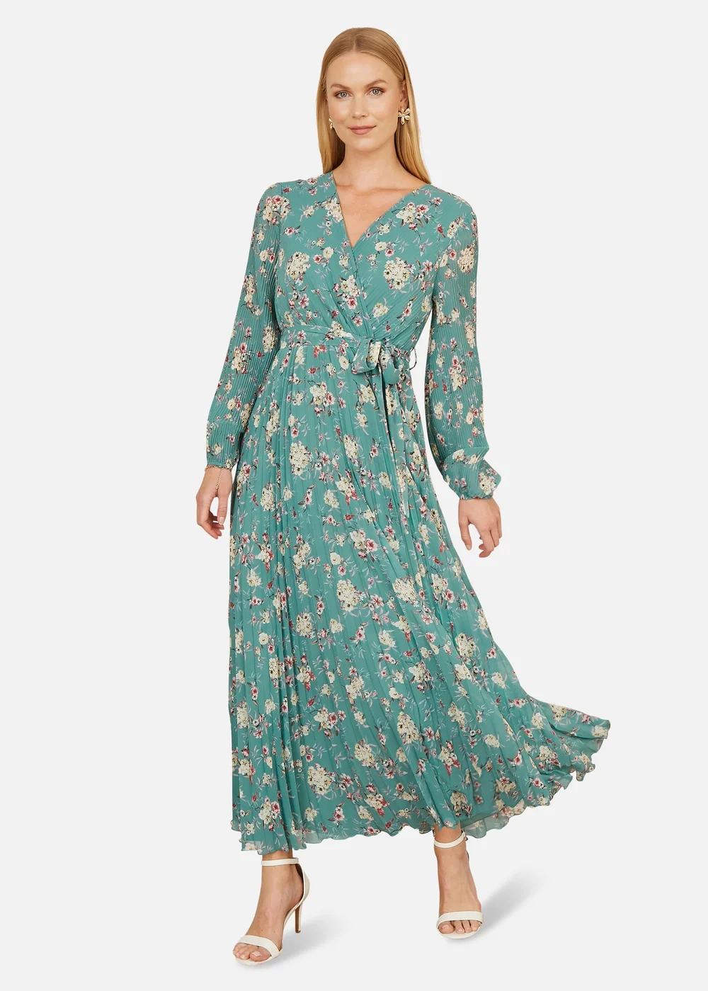 Yumi Mint Green Floral Pleated Long Sleeve Wrap Over Midi Dress - 8 | Matalan Yumi Mint Green Floral Pleated Long Sleeve Wrap Over Midi Dress - 8 | Matalan