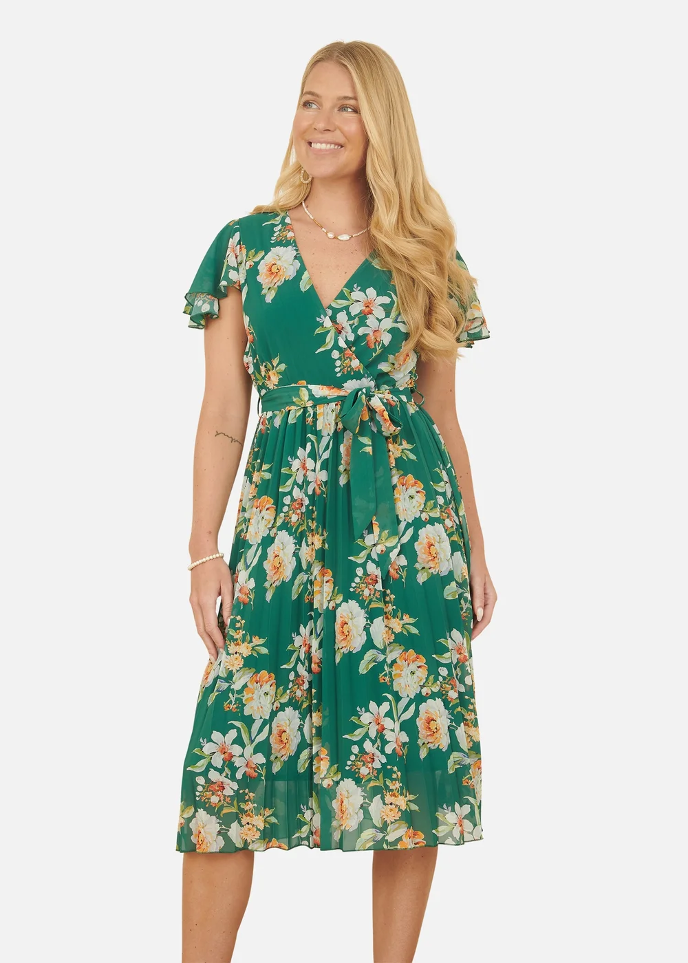 Yumi Green Floral Pleated Wrap Dress - 12 Image 1