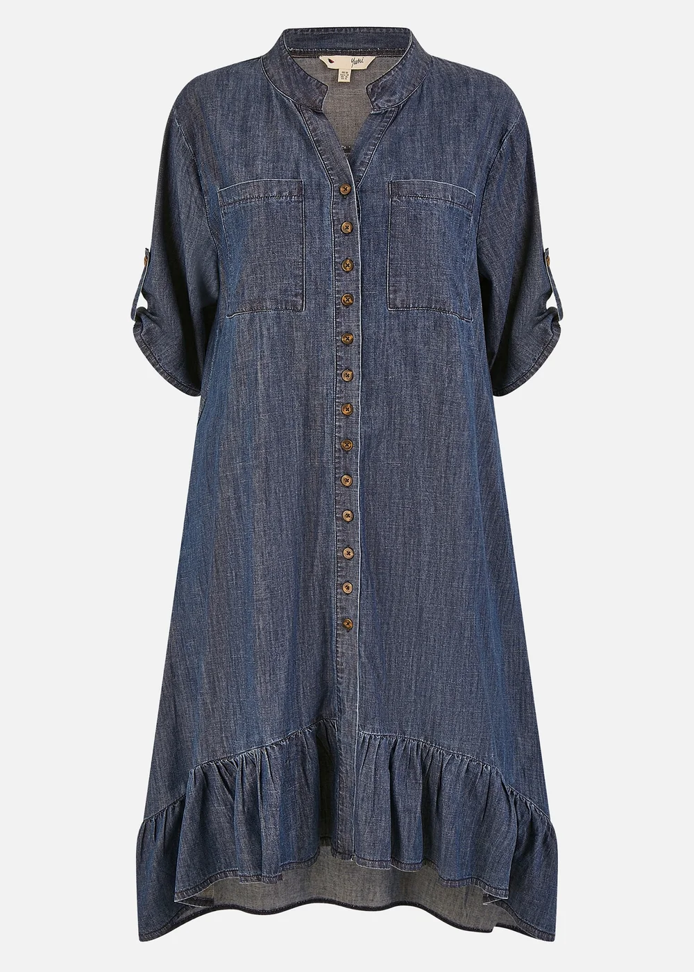 Yumi Blue Chambray Denim Dip Hem Relaxed Fit Shirt Dress - L Yumi Blue Chambray Denim Dip Hem Relaxed Fit Shirt Dress - L