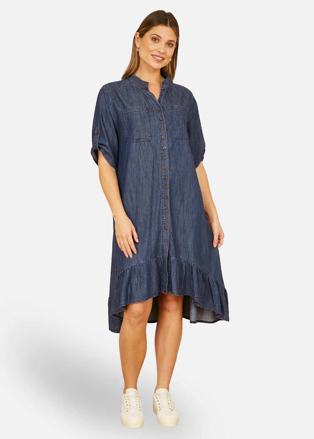 Yumi Blue Chambray Denim Dip Hem Relaxed Fit Shirt Dress - L Yumi Blue Chambray Denim Dip Hem Relaxed Fit Shirt Dress - L