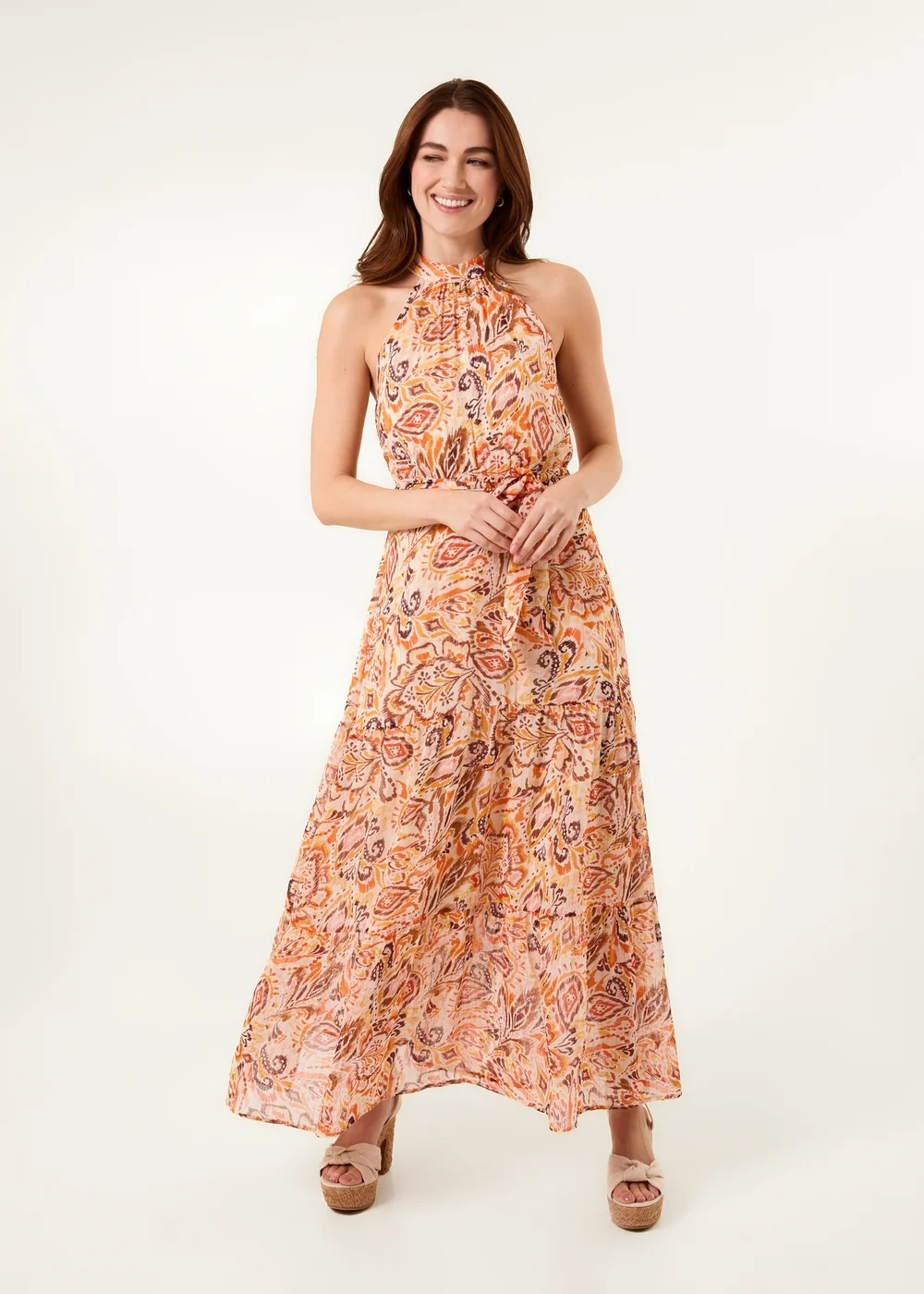 Blue Vanilla Orange Halter Neck Belted Waist Maxi Dress - 12 Image 1