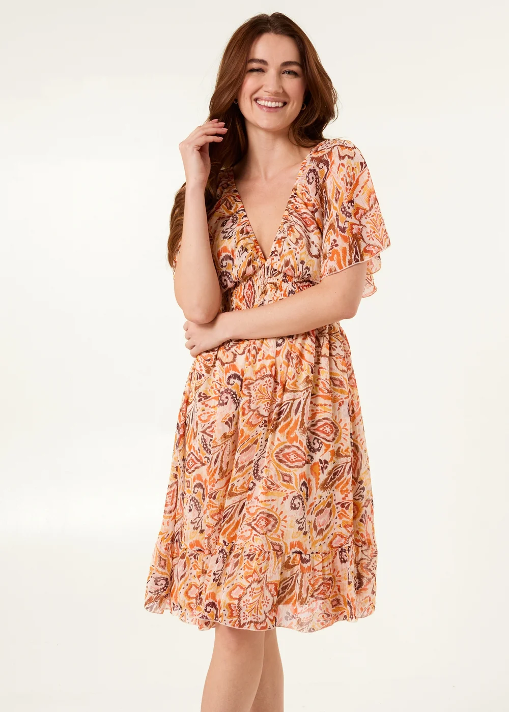 Blue Vanilla Orange V Neck Shirred Waist Mini Dress - L/XL | Matalan Blue Vanilla Orange V Neck Shirred Waist Mini Dress - L/XL | Matalan