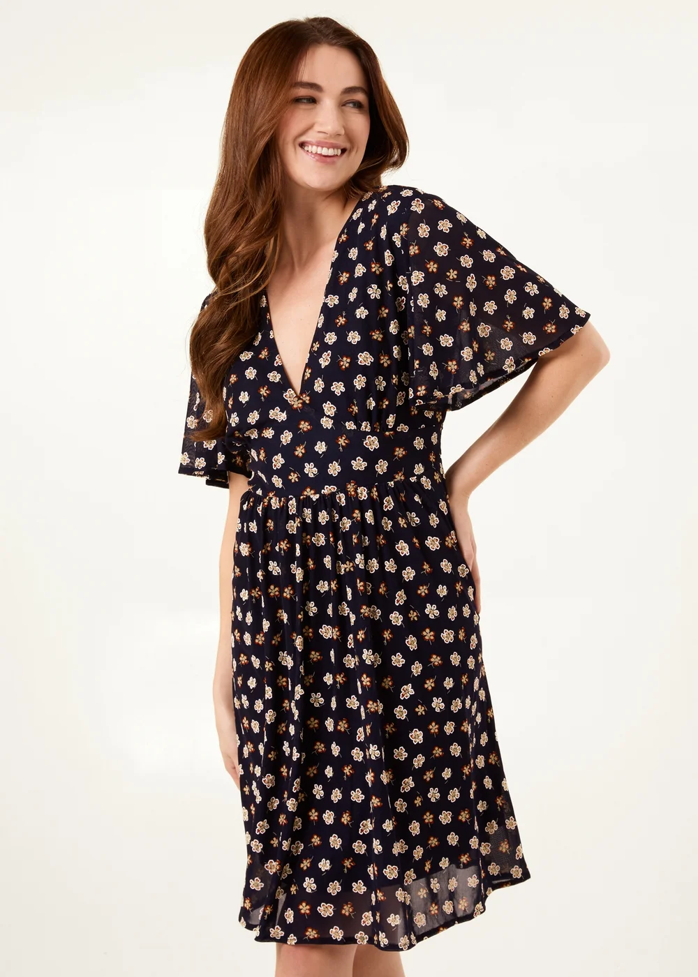 Blue Vanilla Navy V Neck Tie Back Flower Printed Mini Dress - S Image 1