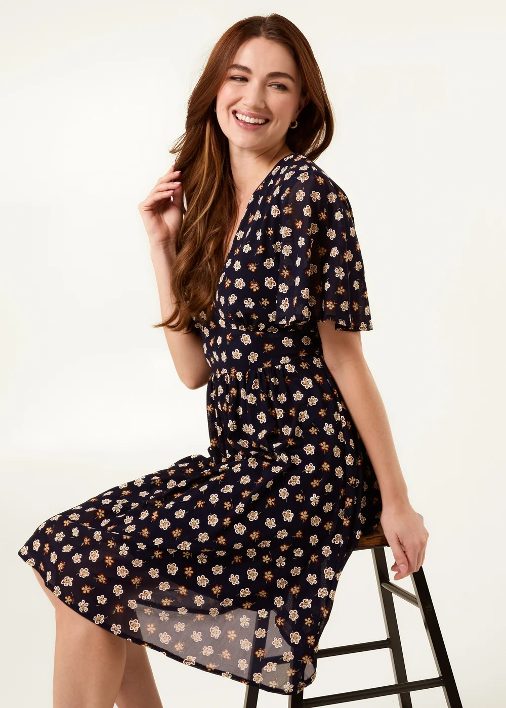 Blue Vanilla Navy V Neck Tie Back Flower Printed Mini Dress - S Image 2