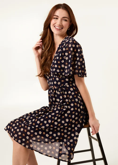 Blue Vanilla Navy V Neck Tie Back Flower Printed Mini Dress - S Image 2