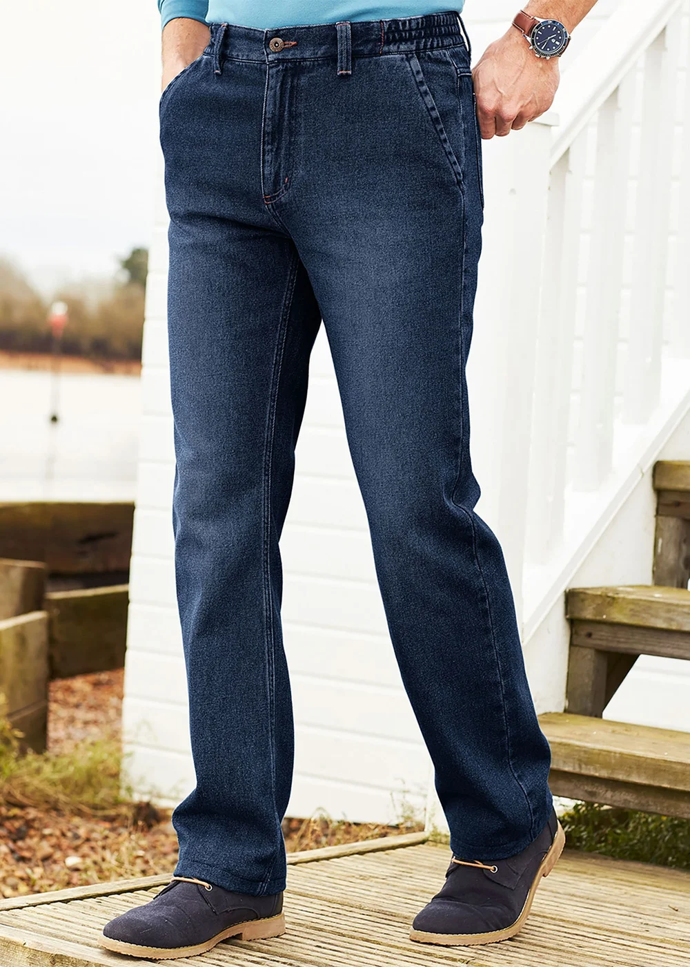 Cotton Traders Indigo Side Elasticated Straight-Fit Jeans - 46/L29 Image 1