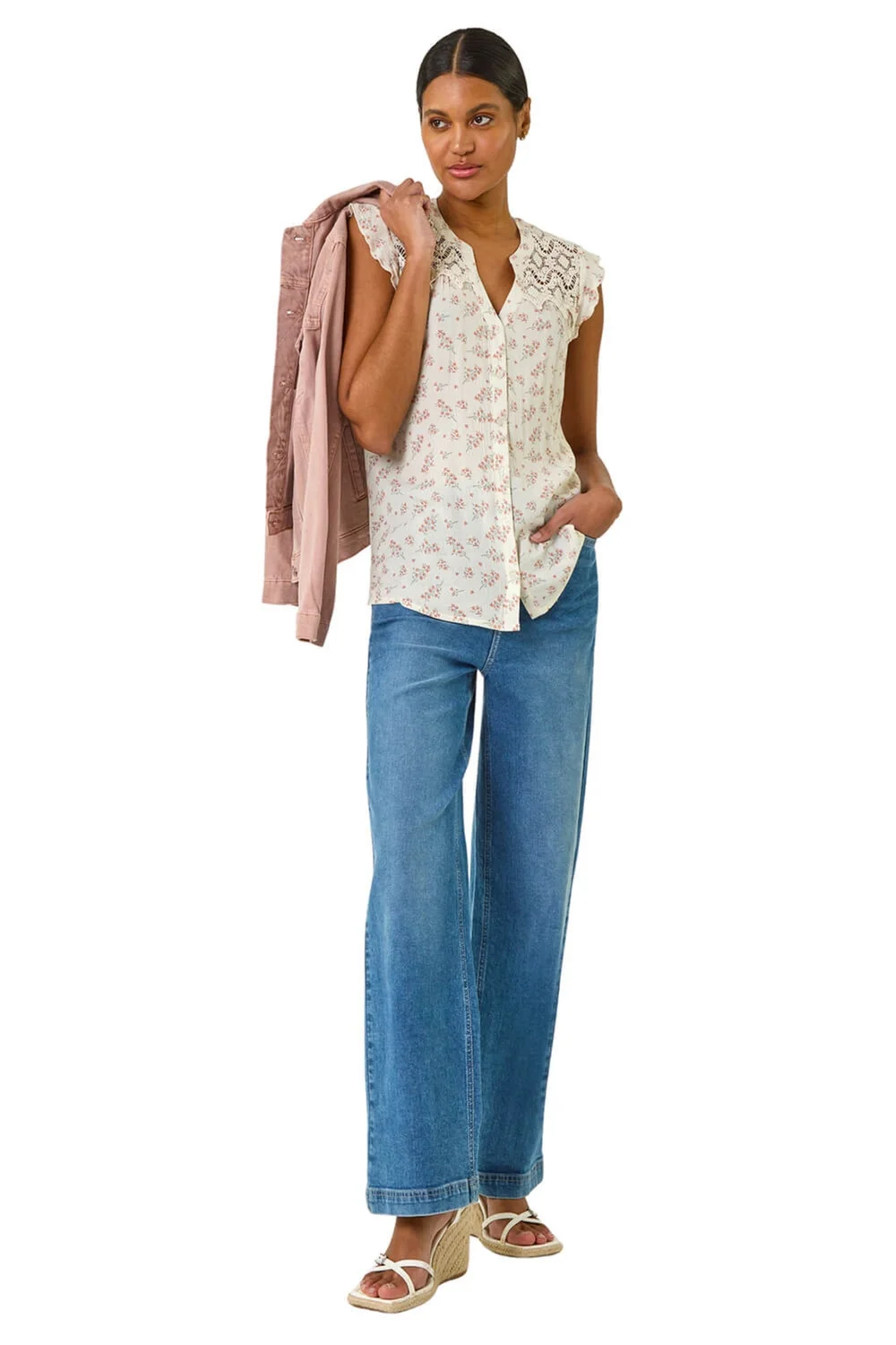 Roman Pink Floral Print Lace Yoke Blouse - 10 Image 2