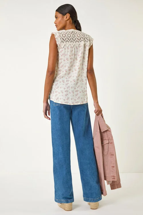 Roman Pink Floral Print Lace Yoke Blouse - 10 Image 4