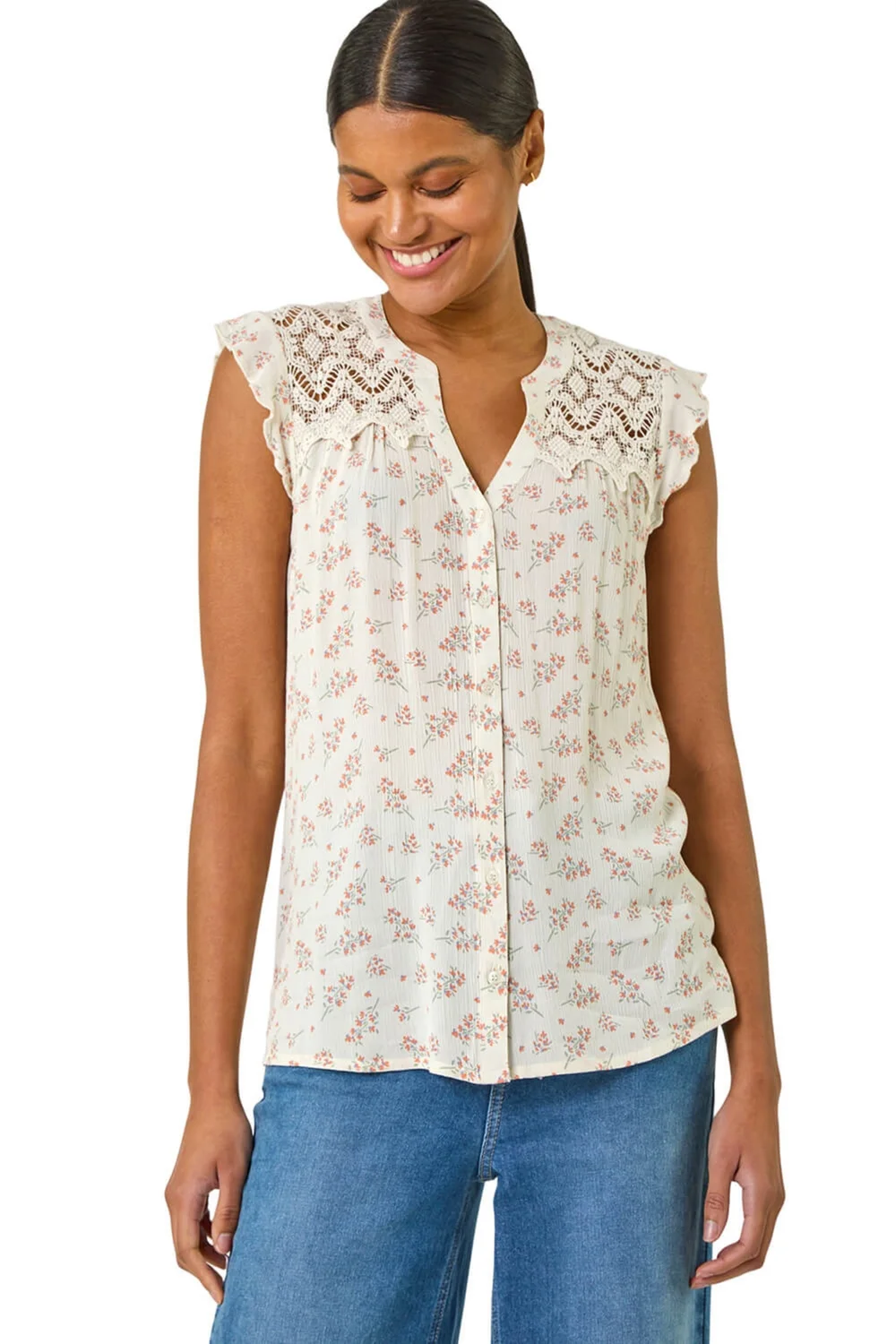Roman Pink Floral Print Lace Yoke Blouse - 10 Image 1