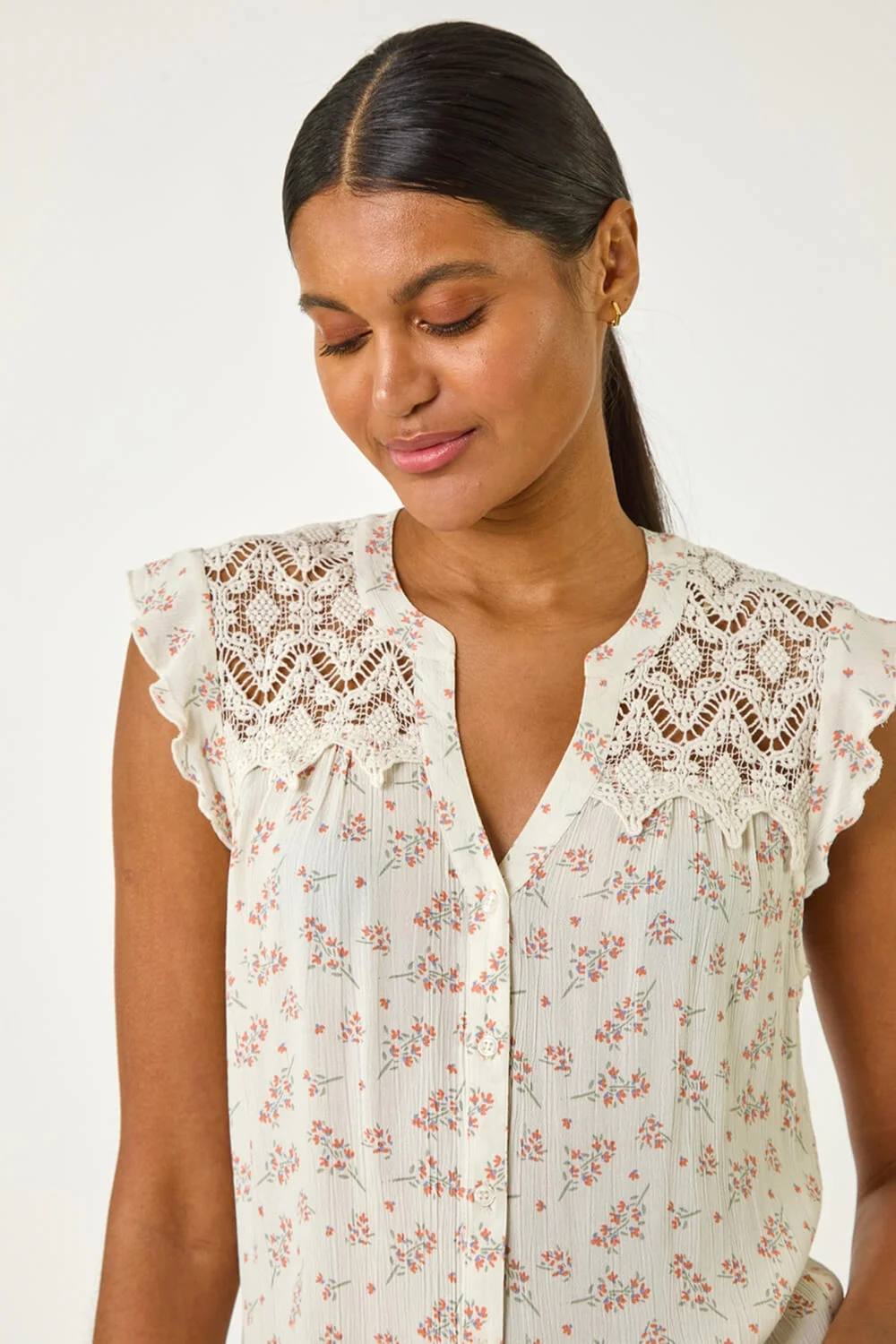 Roman Pink Floral Print Lace Yoke Blouse - 10 Image 3