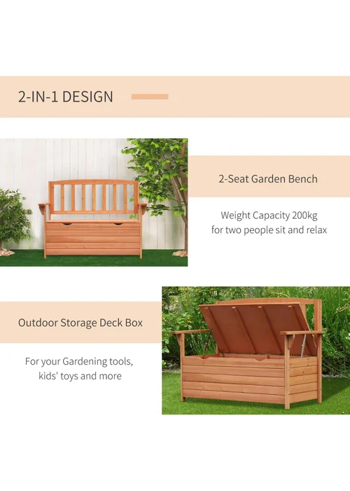 Outsunny Garden Storage Bench 2 Seater Fir Wood Outdoor Bench - One Size Image 4
