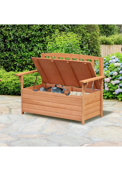 Outsunny Garden Storage Bench 2 Seater Fir Wood Outdoor Bench - One Size Image 1