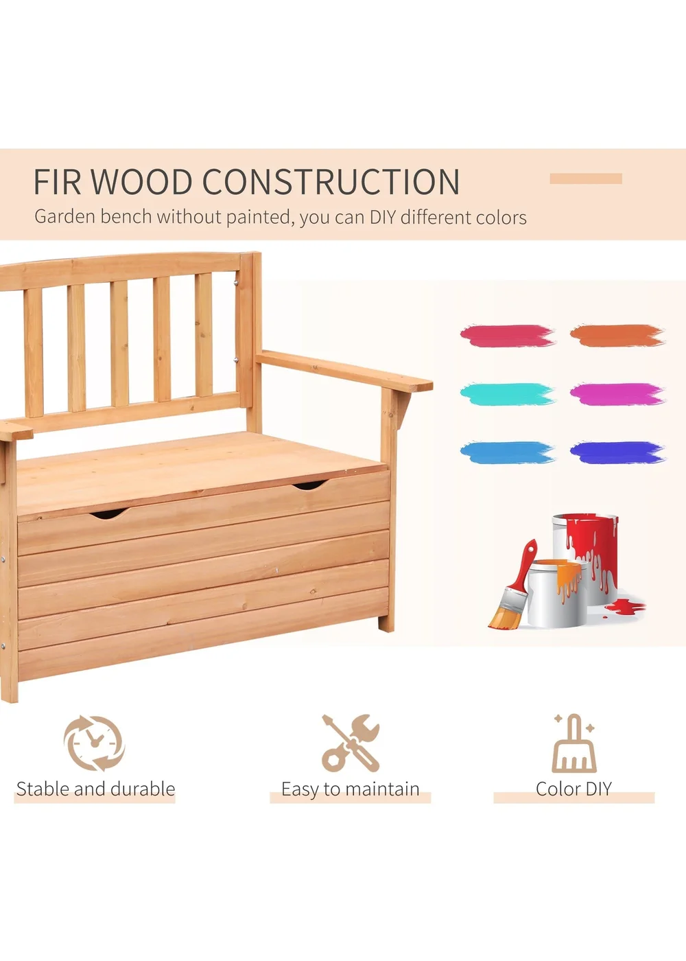 Outsunny Garden Storage Bench 2 Seater Fir Wood Outdoor Bench - One Size Image 5