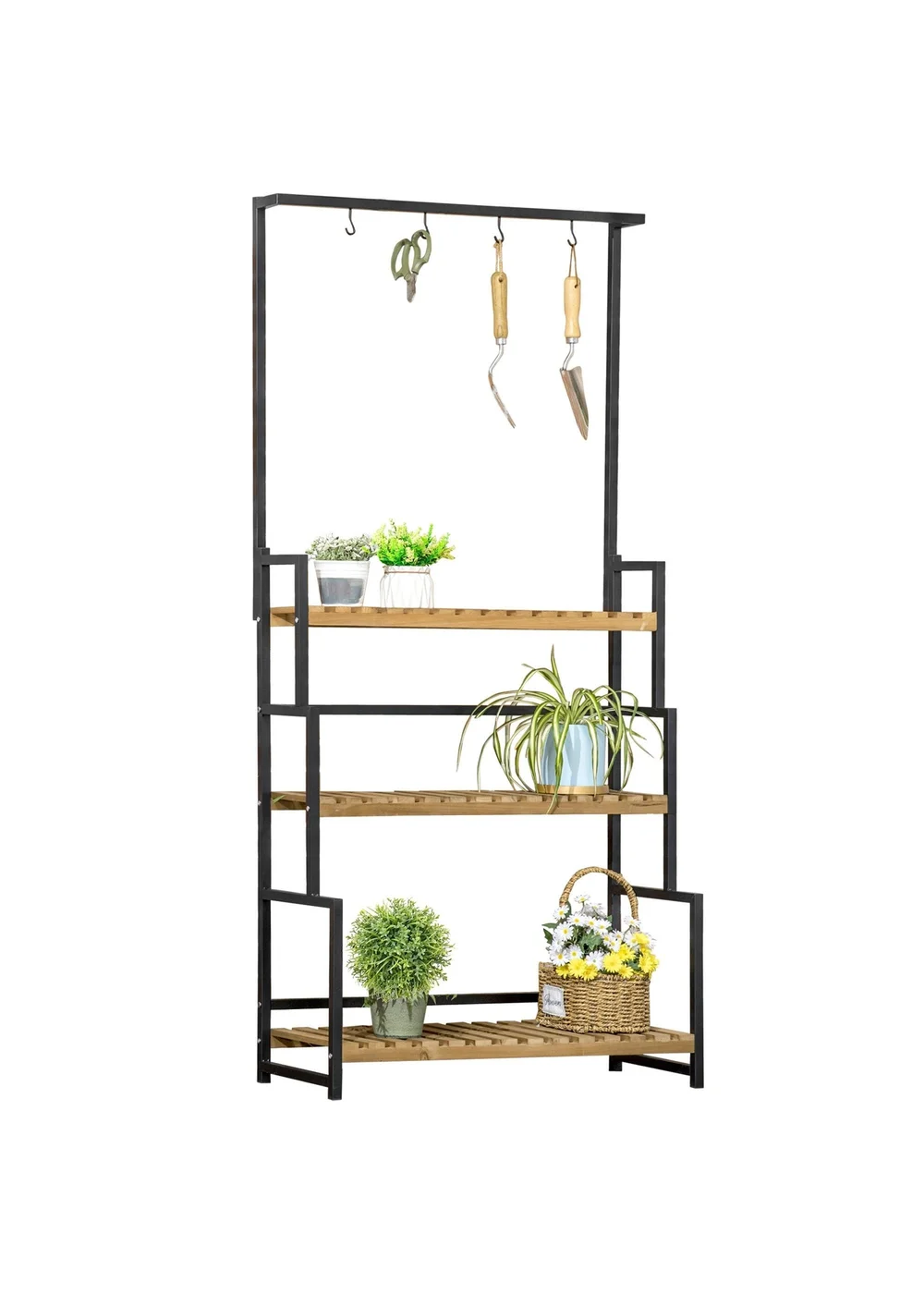 Outsunny 3 Tiered Plant Stand Rack with Hanging Hooks for Indoor Outdoor - One Size Image 2