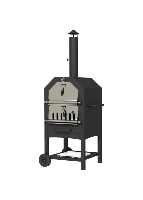 Outsunny Outdoor Pizza Oven Charcoal Grill with Rain Cover, Shelf & Wheels - One Size Image 2