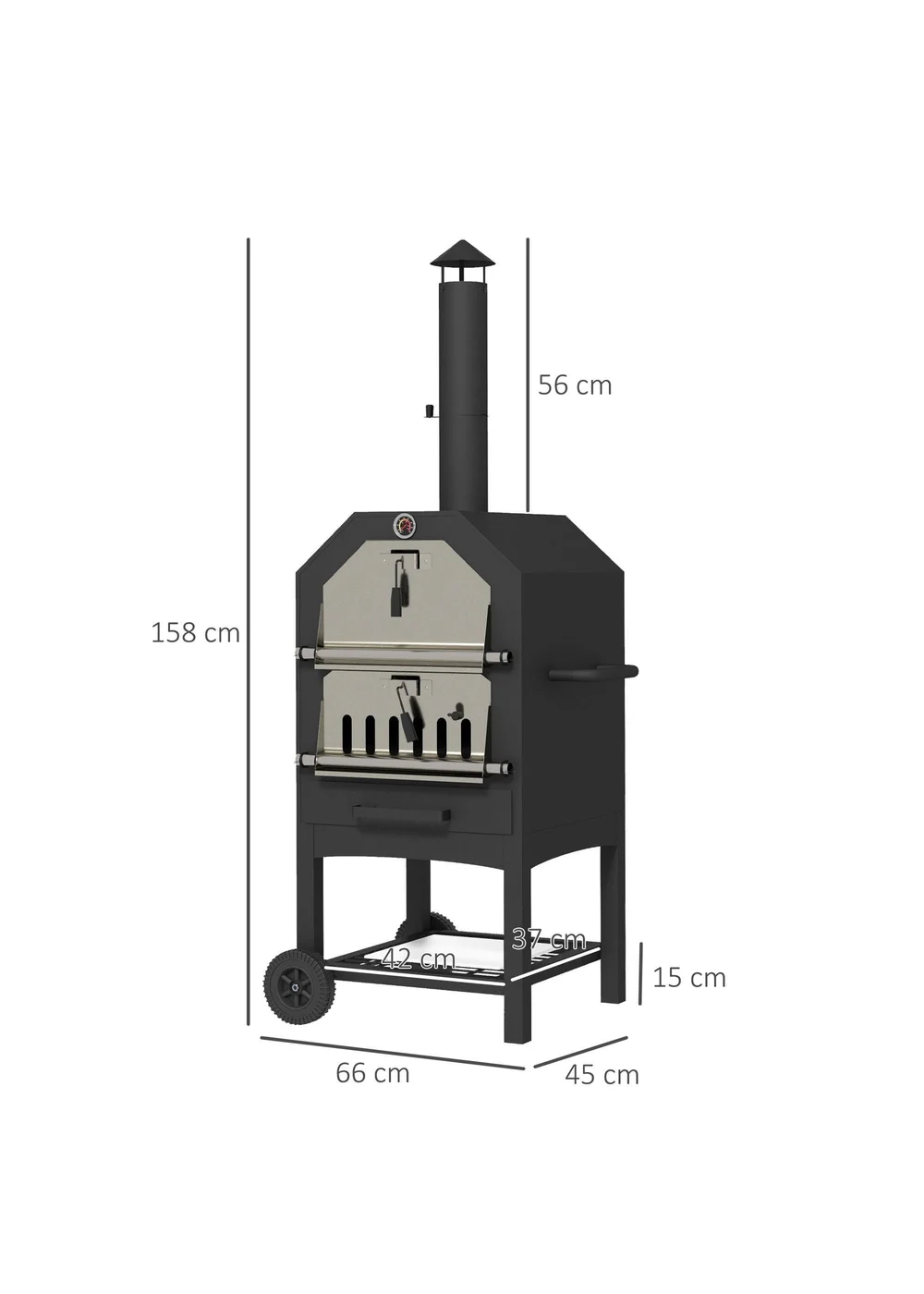 Outsunny Outdoor Pizza Oven Charcoal Grill with Rain Cover, Shelf & Wheels - One Size Image 3