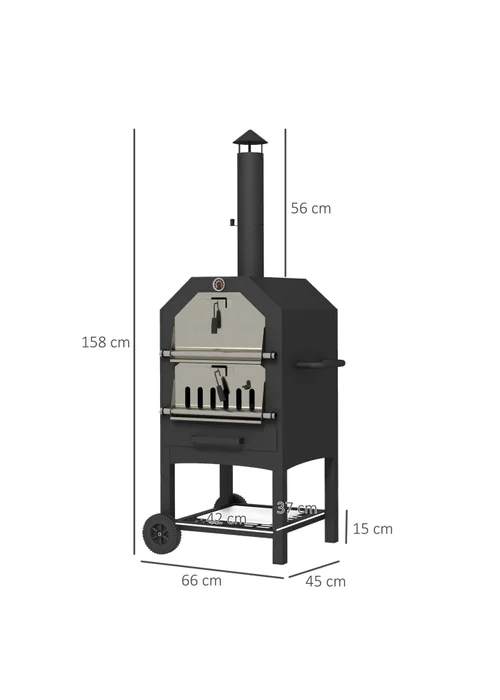 Outsunny Outdoor Pizza Oven Charcoal Grill with Rain Cover, Shelf & Wheels - One Size Image 3